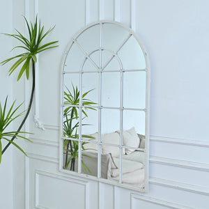 English Elm 31.89"w Arched Paned Metal Wall Mirror Distressed White Handcrafted European Style W3933P484953
