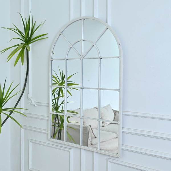 English Elm 31.89"w Arched Paned Metal Wall Mirror Distressed White Handcrafted European Style W3933P484953