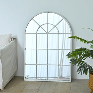 English Elm 31.89"w Arched Paned Metal Wall Mirror Distressed White Handcrafted European Style W3933P484953