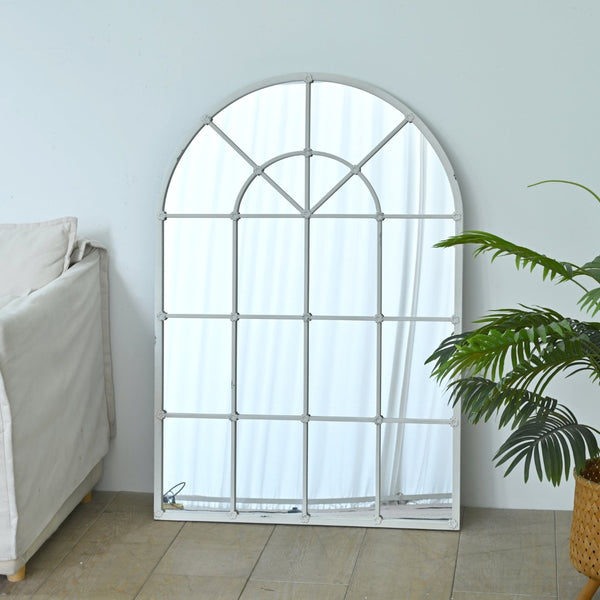 English Elm 31.89"w Arched Paned Metal Wall Mirror Distressed White Handcrafted European Style W3933P484953