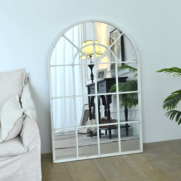 English Elm 31.89"w Arched Paned Metal Wall Mirror Distressed White Handcrafted European Style W3933P484953