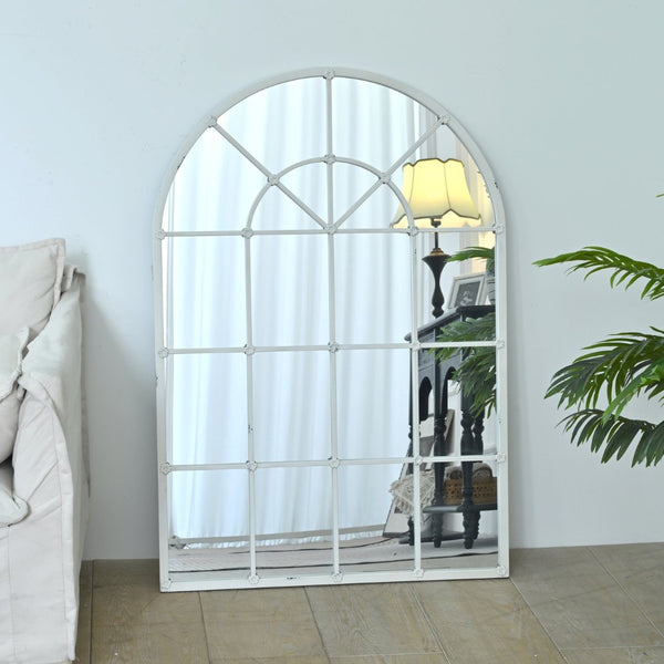 English Elm 31.89"w Arched Paned Metal Wall Mirror Distressed White Handcrafted European Style W3933P484953