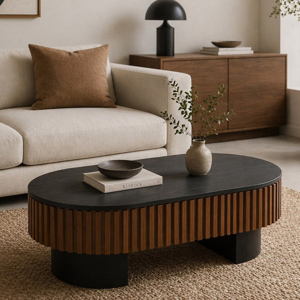 English Elm 43.7" Fluted Oval Lift-top Coffee Table with Hidden Storage Walnut Mdf Living Room W3935P408524