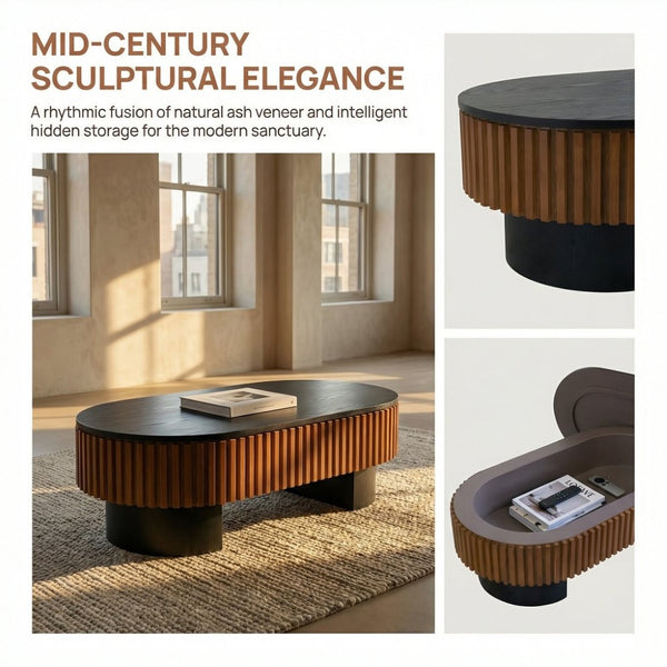 English Elm 43.7" Fluted Oval Lift-top Coffee Table with Hidden Storage Walnut Mdf Living Room W3935P408524