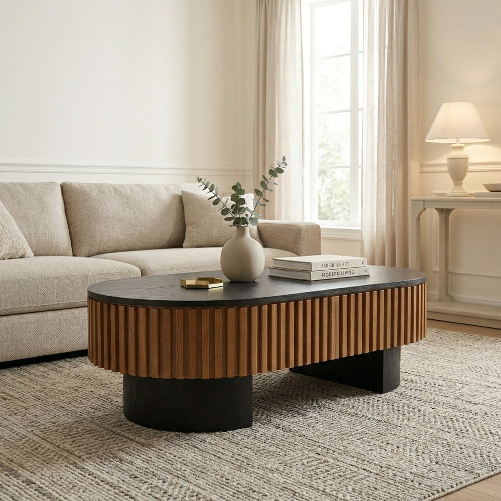 English Elm 43.7" Fluted Oval Lift-top Coffee Table with Hidden Storage Walnut Mdf Living Room W3935P408524