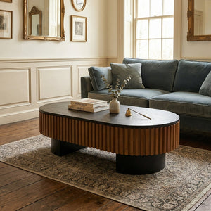 English Elm 43.7" Fluted Oval Lift-top Coffee Table with Hidden Storage Walnut Mdf Living Room W3935P408524
