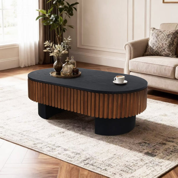 English Elm 43.7" Fluted Oval Lift-top Coffee Table with Hidden Storage Walnut Mdf Living Room W3935P408524