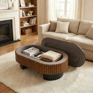 English Elm 43.7" Fluted Oval Lift-top Coffee Table with Hidden Storage Walnut Mdf Living Room W3935P408524