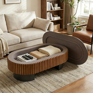 English Elm 43.7" Fluted Oval Lift-top Coffee Table with Hidden Storage Walnut Mdf Living Room W3935P408524