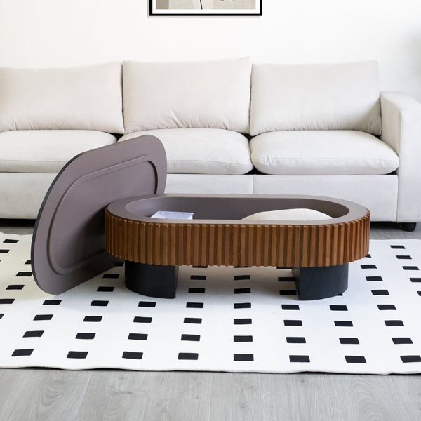 English Elm 43.7" Fluted Oval Lift-top Coffee Table with Hidden Storage Walnut Mdf Living Room W3935P408524