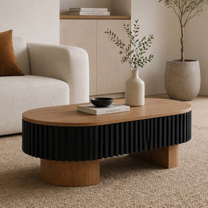 English Elm 43.7" Oval Fluted Coffee Table with Concealed Storage Sculptural Walnut Base Living Room W3935P408527