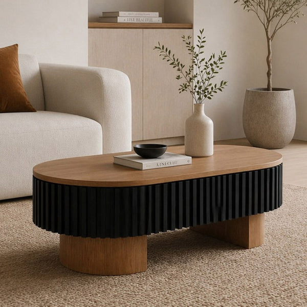English Elm 43.7" Oval Fluted Coffee Table with Concealed Storage Sculptural Walnut Base Living Room W3935P408527
