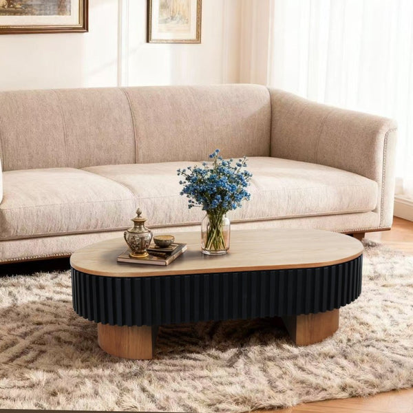 English Elm 43.7" Oval Fluted Coffee Table with Concealed Storage Sculptural Walnut Base Living Room W3935P408527