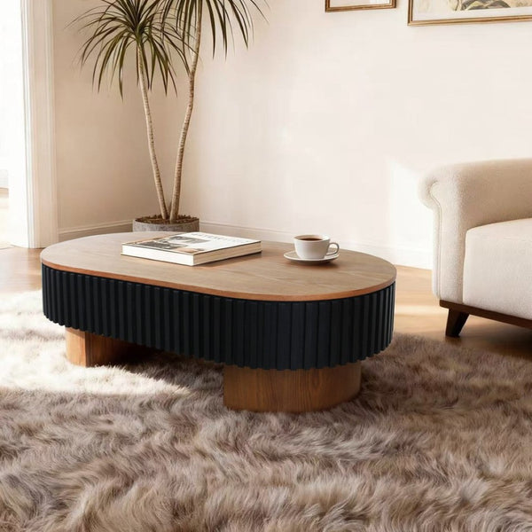 English Elm 43.7" Oval Fluted Coffee Table with Concealed Storage Sculptural Walnut Base Living Room W3935P408527