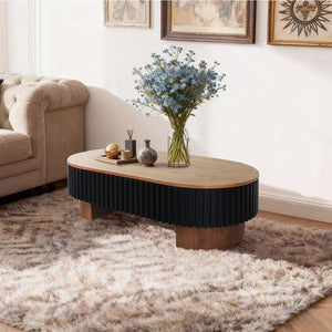 English Elm 43.7" Oval Fluted Coffee Table with Concealed Storage Sculptural Walnut Base Living Room W3935P408527