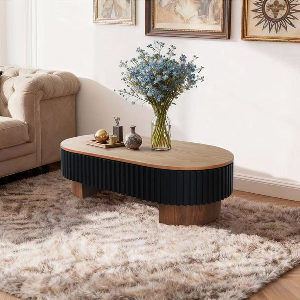 English Elm 43.7" Oval Fluted Coffee Table with Concealed Storage Sculptural Walnut Base Living Room W3935P408527