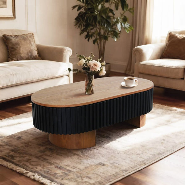 English Elm 43.7" Oval Fluted Coffee Table with Concealed Storage Sculptural Walnut Base Living Room W3935P408527