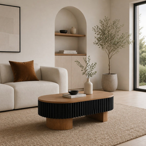 English Elm 43.7" Oval Fluted Coffee Table with Concealed Storage Sculptural Walnut Base Living Room W3935P408527