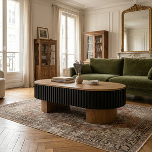English Elm 43.7" Oval Fluted Coffee Table with Concealed Storage Sculptural Walnut Base Living Room W3935P408527