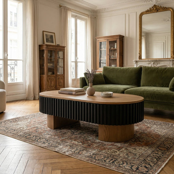 English Elm 43.7" Oval Fluted Coffee Table with Concealed Storage Sculptural Walnut Base Living Room W3935P408527