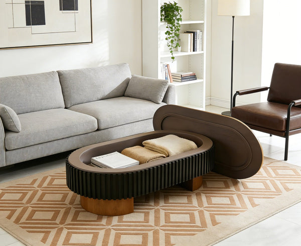 English Elm 43.7" Oval Fluted Coffee Table with Concealed Storage Sculptural Walnut Base Living Room W3935P408527