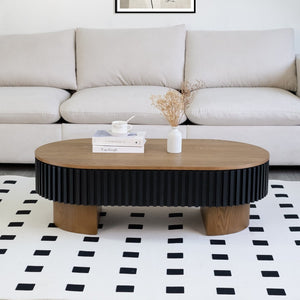 English Elm 43.7" Oval Fluted Coffee Table with Concealed Storage Sculptural Walnut Base Living Room W3935P408527