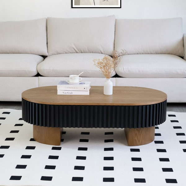English Elm 43.7" Oval Fluted Coffee Table with Concealed Storage Sculptural Walnut Base Living Room W3935P408527