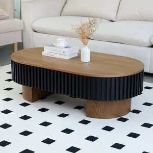 English Elm 43.7" Oval Fluted Coffee Table with Concealed Storage Sculptural Walnut Base Living Room W3935P408527