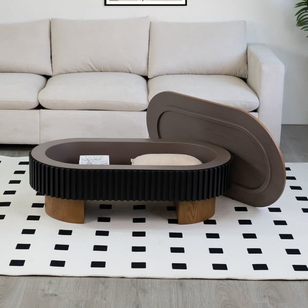 English Elm 43.7" Oval Fluted Coffee Table with Concealed Storage Sculptural Walnut Base Living Room W3935P408527