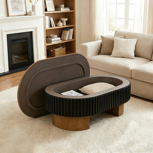 English Elm 43.7" Oval Fluted Coffee Table with Concealed Storage Sculptural Walnut Base Living Room W3935P408527