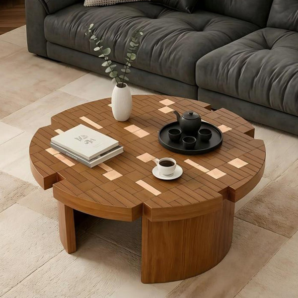 English Elm 31.5'' Round Mosaic Wood Veneer Coffee Table Handcrafted Petal Inlay Boho Living Room W3935P517472