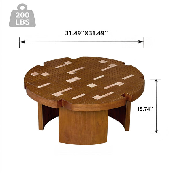 English Elm 31.5'' Round Mosaic Wood Veneer Coffee Table Handcrafted Petal Inlay Boho Living Room W3935P517472