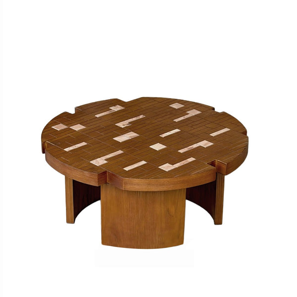 English Elm 31.5'' Round Mosaic Wood Veneer Coffee Table Handcrafted Petal Inlay Boho Living Room W3935P517472
