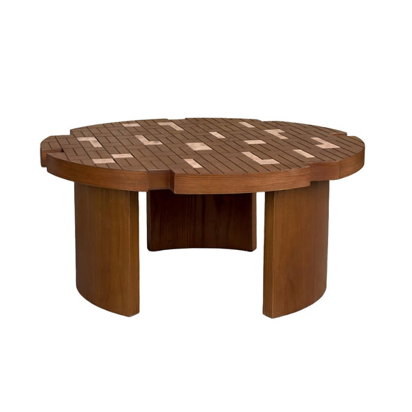 English Elm 31.5'' Round Mosaic Wood Veneer Coffee Table Handcrafted Petal Inlay Boho Living Room W3935P517472