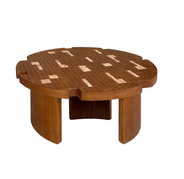 English Elm 31.5'' Round Mosaic Wood Veneer Coffee Table Handcrafted Petal Inlay Boho Living Room W3935P517472