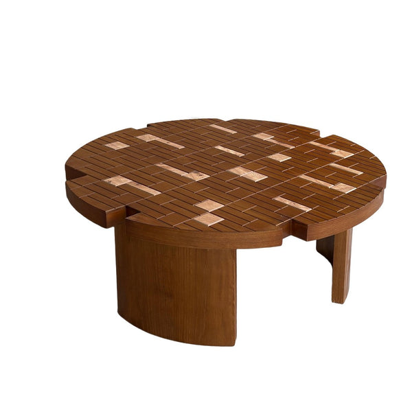 English Elm 31.5'' Round Mosaic Wood Veneer Coffee Table Handcrafted Petal Inlay Boho Living Room W3935P517472