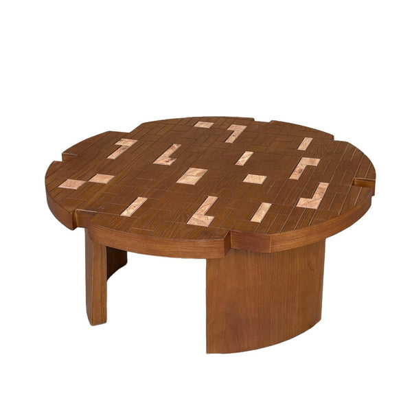 English Elm 31.5'' Round Mosaic Wood Veneer Coffee Table Handcrafted Petal Inlay Boho Living Room W3935P517472