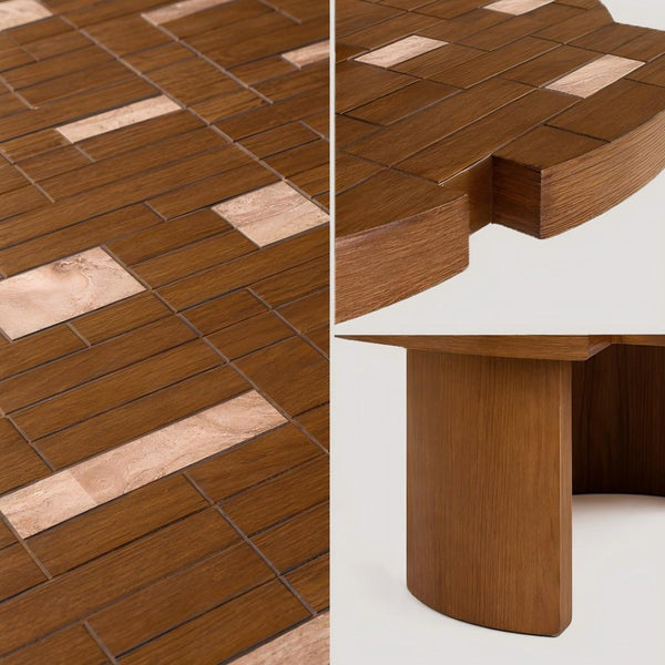 English Elm 31.5'' Round Mosaic Wood Veneer Coffee Table Handcrafted Petal Inlay Boho Living Room W3935P517472