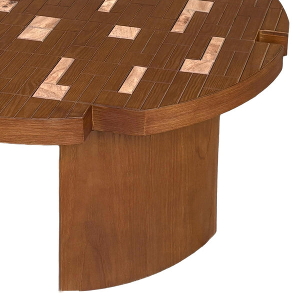 English Elm 31.5'' Round Mosaic Wood Veneer Coffee Table Handcrafted Petal Inlay Boho Living Room W3935P517472