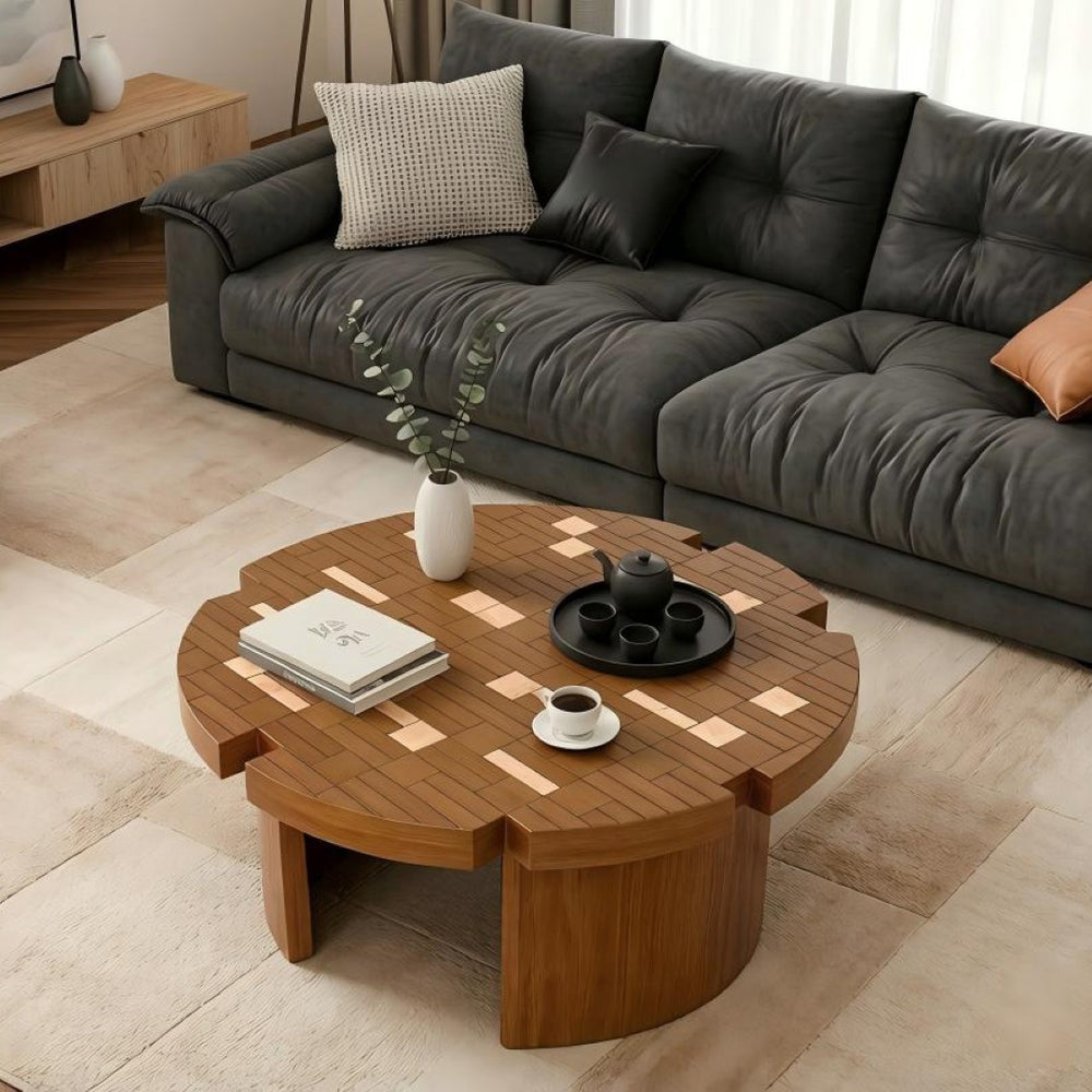 English Elm 31.5'' Round Mosaic Wood Veneer Coffee Table Handcrafted Petal Inlay Boho Living Room W3935P517472