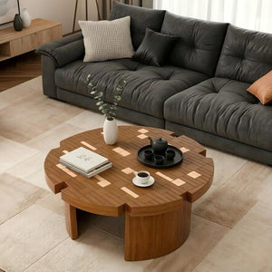 English Elm 31.5'' Round Mosaic Wood Veneer Coffee Table Handcrafted Petal Inlay Boho Living Room W3935P517472