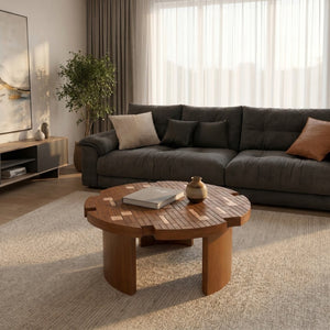 English Elm 31.5'' Round Mosaic Wood Veneer Coffee Table Handcrafted Petal Inlay Boho Living Room W3935P517472