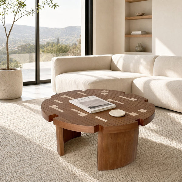 English Elm 31.5'' Round Mosaic Wood Veneer Coffee Table Handcrafted Petal Inlay Boho Living Room W3935P517472