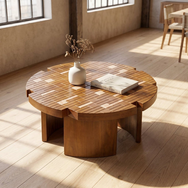 English Elm 31.5'' Round Mosaic Wood Veneer Coffee Table Handcrafted Petal Inlay Boho Living Room W3935P517472