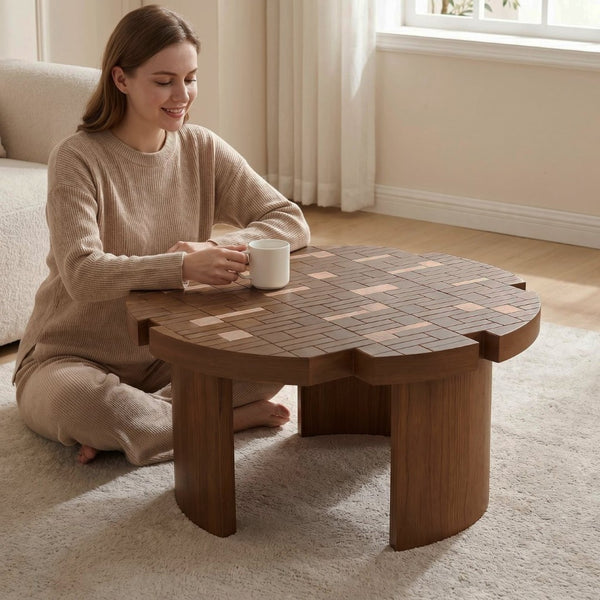 English Elm 31.5'' Round Mosaic Wood Veneer Coffee Table Handcrafted Petal Inlay Boho Living Room W3935P517472