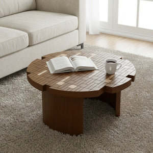 English Elm 31.5'' Round Mosaic Wood Veneer Coffee Table Handcrafted Petal Inlay Boho Living Room W3935P517472