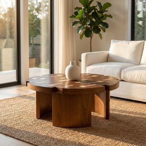 English Elm 31.5'' Round Mosaic Wood Veneer Coffee Table Handcrafted Petal Inlay Boho Living Room W3935P517472