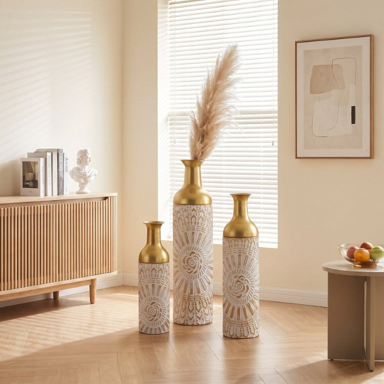 English Elm Floor Vase Set Three Embossed Sunburst Metal Boho Chic Accent for Living Rooms W3935P555583