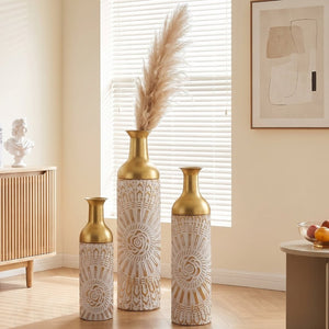 English Elm Floor Vase Set Three Embossed Sunburst Metal Boho Chic Accent for Living Rooms W3935P555583
