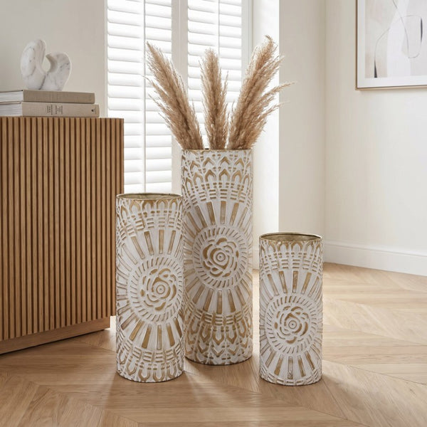 English Elm Floor Vase Set Three Embossed Sunburst Metal Boho Chic Accent for Living Rooms W3935P555583